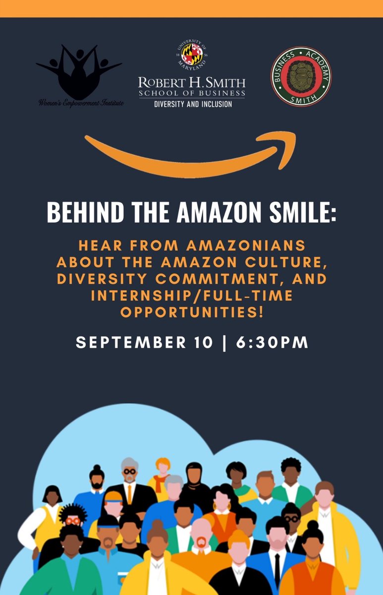 SBAUMD's tweet photo. Join us later today for our first professional development meeting! We will be partnering with Amazon to go in depth about company culture, internship opportunities, and to answer any questions you may have about the company. Be sure to check your emails for the zoom link! https://t.co/ABfnjeYB3o