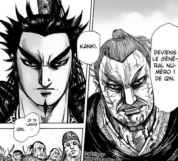 24) le général Choutou, qui détestait Kanki au début de l’arc de la coalition, lui demandant de devenir le général numéro 1 de Qin. Cette planche m’intrigue tellement, c’est la première fois où on voit Kanki sans son sourire narquois, comme si intérieurement il était touché