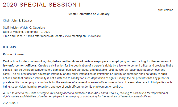ACLUVA's tweet photo. ‼️ URGENT: On short notice and without public testimony, Del. @JeffMBourne's HB 5013 to allow people to sue police in VA without the legal shield of qualified immunity will be up for a hearing in the Senate Judiciary committee THIS AFTERNOON. https://t.co/f2Tpkl4nfZ
