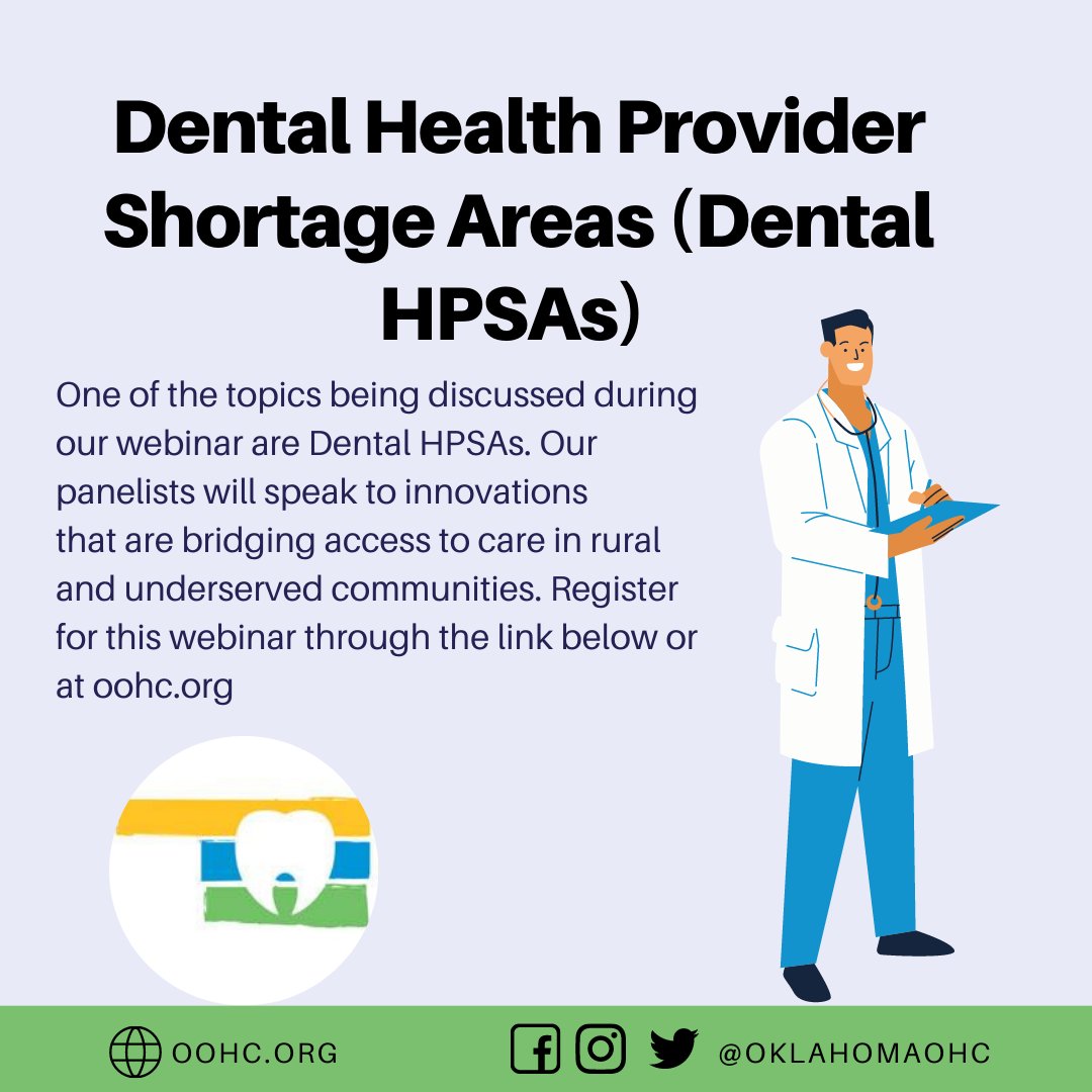 Dental HPSAs are another topic being addressed during our first installment of our “Raising the Grade on Oral Health in Oklahoma” webinar series. You can still register at the link below!

Registration: events.r20.constantcontact.com/register/event…