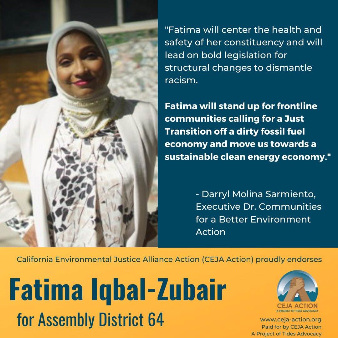 cejaaction's tweet photo. ✅VOTE  @fatima4assembly on November 3 to send a community organizer, educator, immigration and environmental activist to Sacramento. @CEJAAction is proud to endorse #Fatima4Assembly. ✅Find the full #EJVoterGuide at https://t.co/zT8n7zIZBS 
#EJChamps4CA @cbeaction #EJChamps4CA https://t.co/JV8lzkKmH6