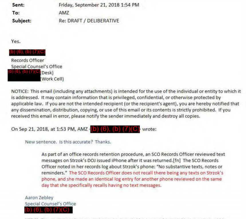 While the LP docs say she was told to not delete text messages. In response to the OIG, the SCO Records Officer claimed to have reviewed Strzok's phone & another & there were "No substantive texts, notes or reminders." on the phone when turned in..