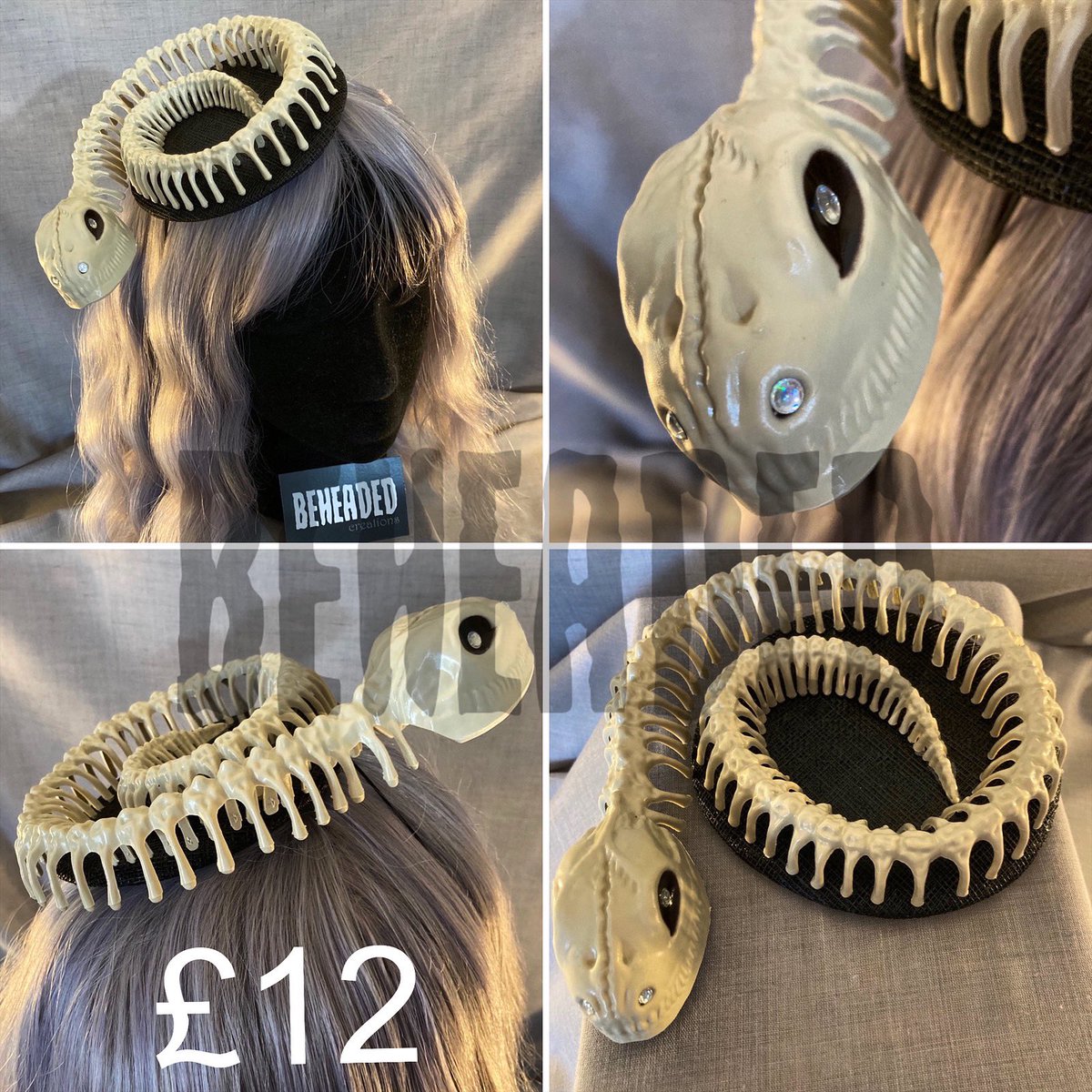 BeheadedHats's tweet photo. Creepy coiled skeleton snake fascinator. He’s a cutie! Message to buy. UK postage #madetoday #fascinator #Halloween #snake #skeleton #goth #gothichat https://t.co/ZvQAVOzBcc