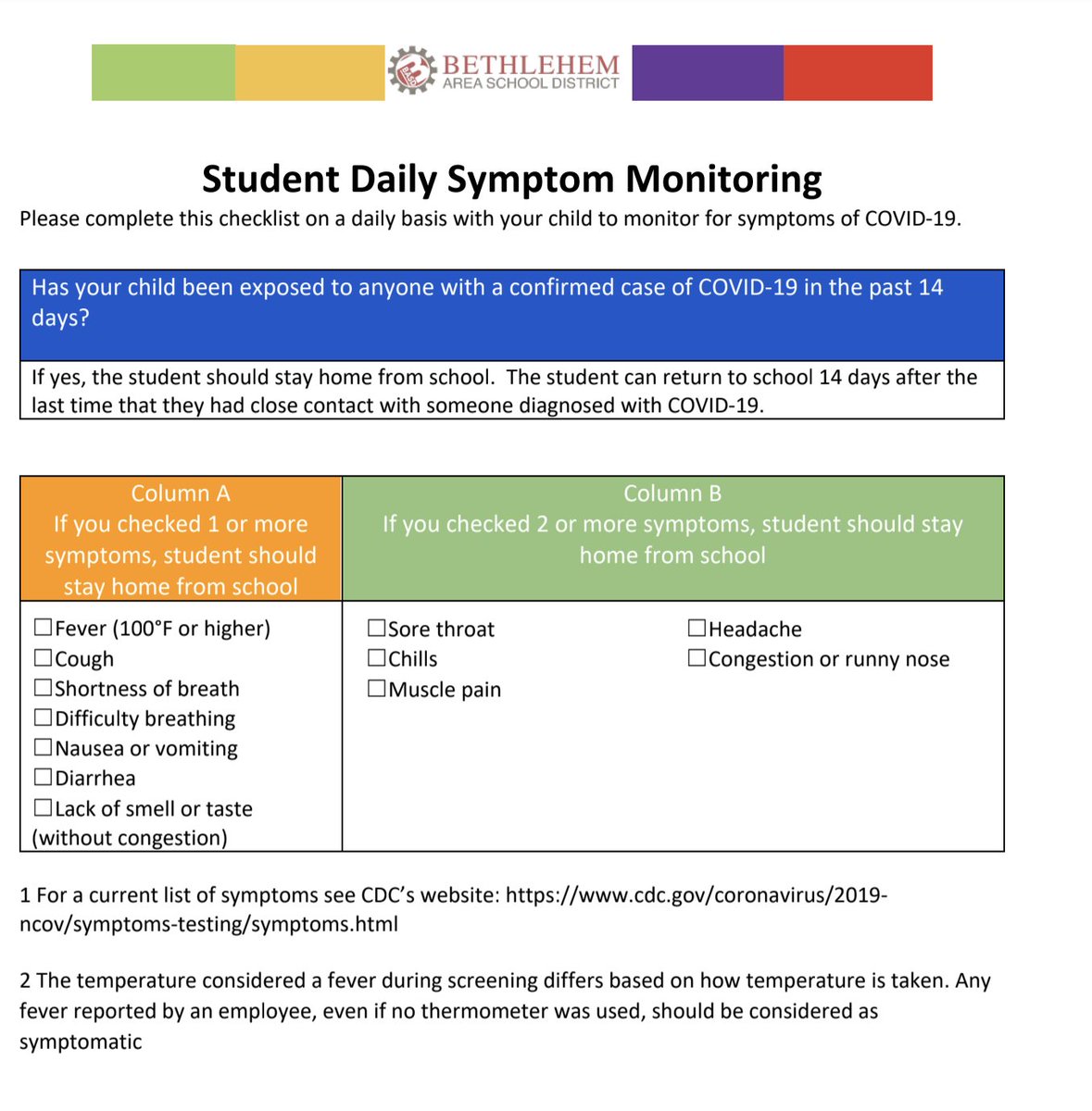 Student Daily Symptom Monitoring. Please complete this checklist on a daily basis with your child to monitor for symptoms of COVID-19.

basdschools.org/reopening