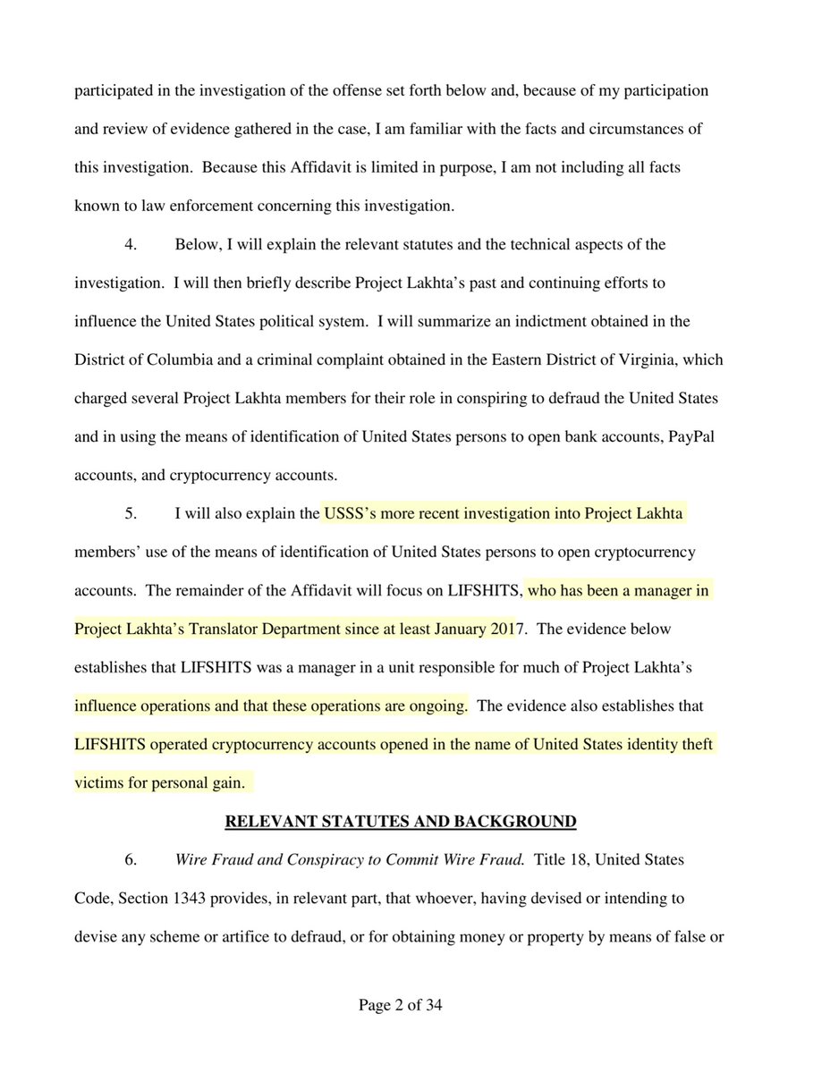 Artem Mikhaylovich Lifshits-of St. Petersburg, Russiaserves as a manager in “Project Lakhta,” a Russia-based effort to engage in political and electoral interference operations. Since at least May 2014, Project Lakhta’s stated goal... it’s 111 pages long You had me a Bitcoin