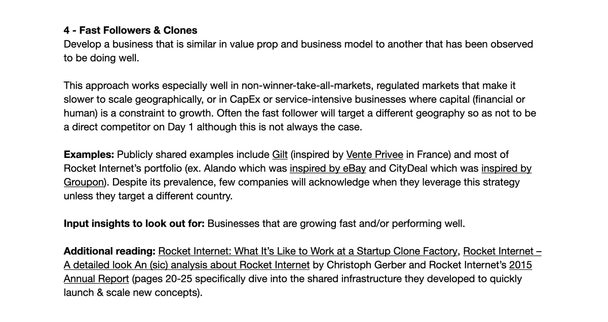 4 – Fast Followers & ClonesThe suggested reads here from  @theSamParr and Christoph Gerber give an incredible peek behind the curtains of how Rocket Internet systematized the development of clones.
