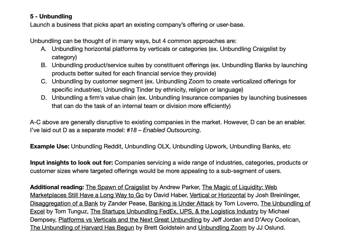 5 – UnbundlingLeveraged by many VCs & Operators to develop theses or highlight observations across markets. Suggested posts from  @andrewparker,  @dhaber,  @jbreinlinger,  @zanderpease,  @tomloverro,  @ttunguz,  @mhdempsey,  @jeff_jordan,  @dcoolican,  @thatguyBG, and  @OslundJJ