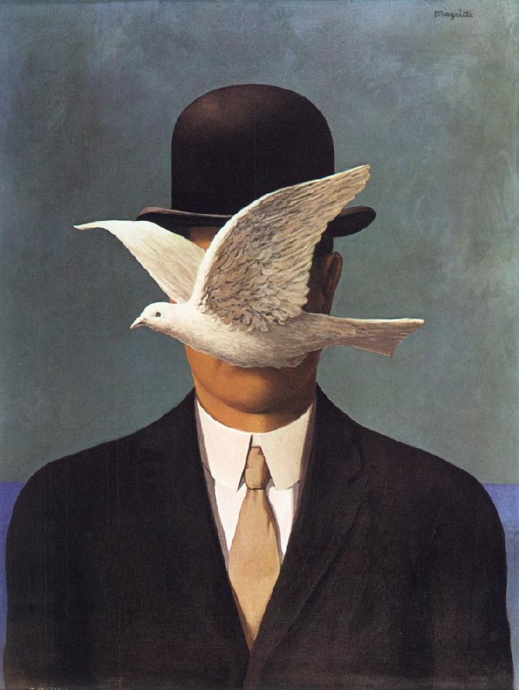 4/ Bowler Hats & the BourgeoiseThe men in this painting are wearing Magritte's trademark bowler hats. These were generally worn by people in banking & business. While the men in Golconda all look alike from a distance - if you zoom in  -  they all have distinct drab faces.