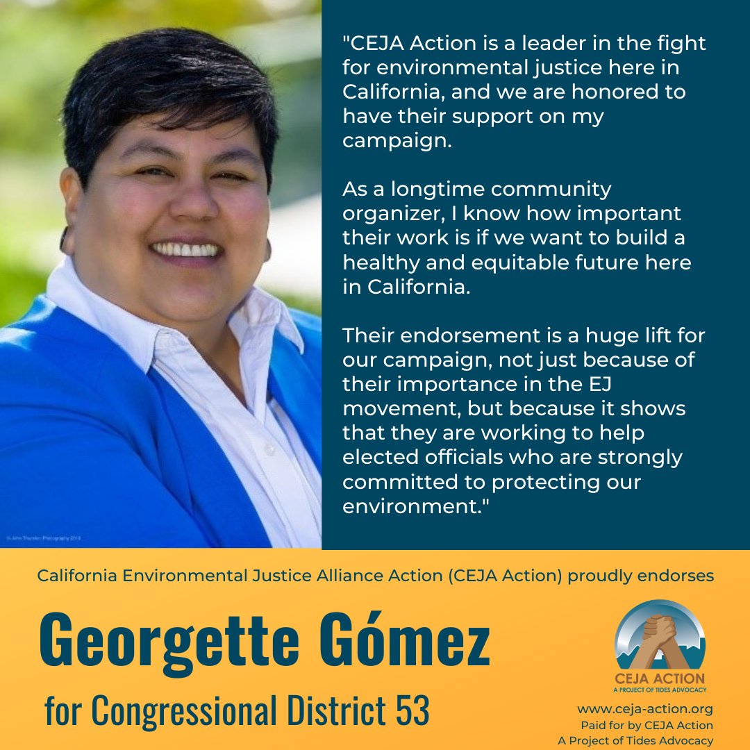 cejaaction's tweet photo. Vote for @SDGeorgette #Gómez4Congress to elect a long-time community organizer &amp; San Diego City Council President who has led implementation of SD’s Climate Action Plan. Check out the 2020 #EJVoterGuide by @CEJAAction at https://t.co/J8udlKTzuj #EJChamps4CA https://t.co/gGjCMBZmqX