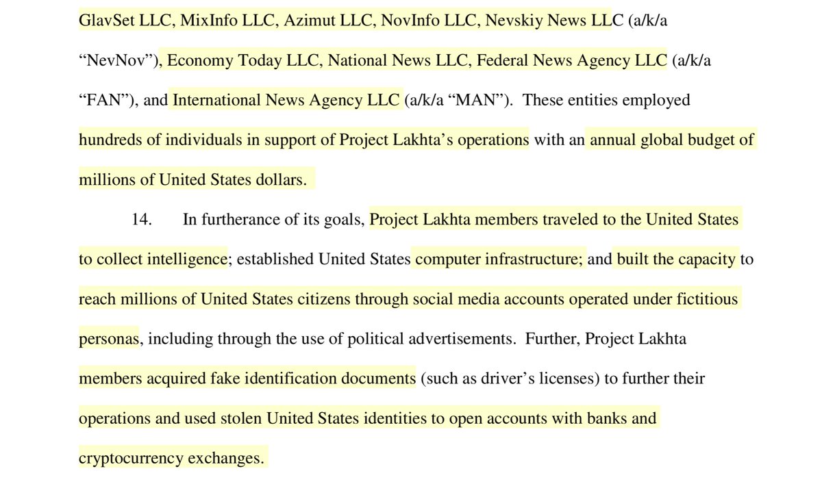 BEJESUS Internet Research Agency LLCInternet Research LLCMediaSintez LLCGlavSet LLCMixInfo LLCAzimut LLCNovInfo LLCNevskiy News LLC (a/k/a “NevNov”)Economy Today LLCNational News LLCFederal News Agency LLC (a/k/a “FAN”)International News Agency LLC (a/k/a “MAN”).