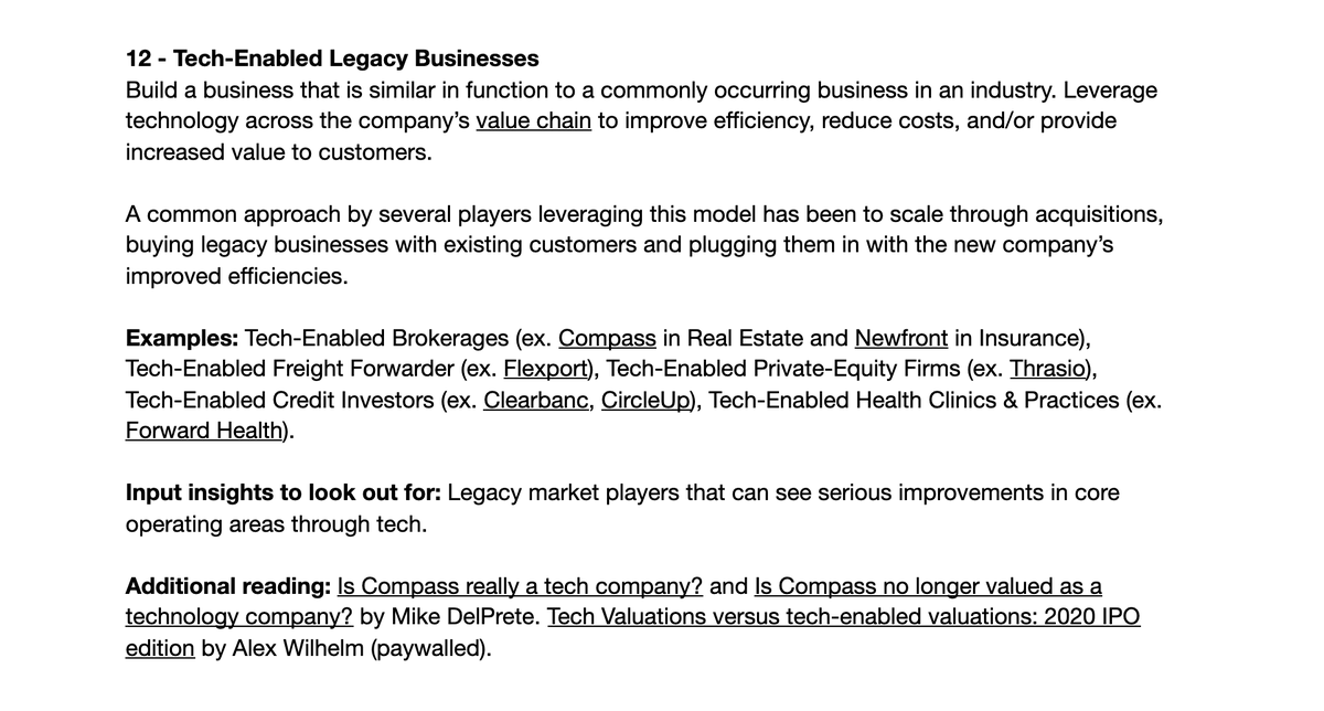 12 – Tech-Enabled Legacy BusinessesThere’s an increasingly large number of companies building tech-enabled versions of legacy businesses. Mike DelPrete and  @alex both have great posts evaluating some of these and some traps to be wary of around valuations for such businesses.