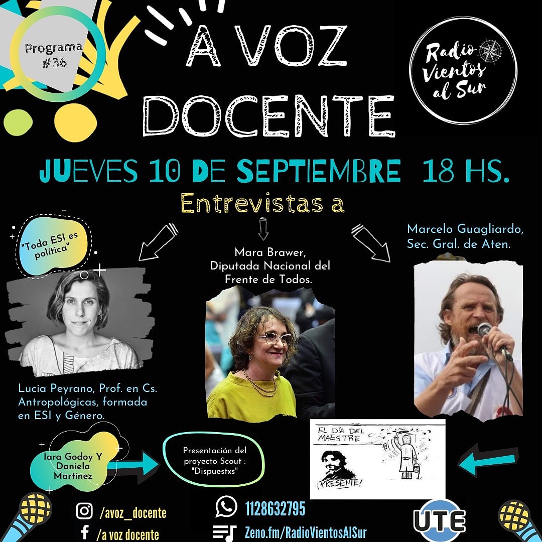 DocenteAvoz's tweet photo. 🎙️#Hoy! Desde las 18hs! Escuchanos por @VientosAlSur una radio de @utectera
#Programa36
#EspecialDiaDelMaestrx
@angegraciano
@eduardolopezute https://t.co/F69mGudz23