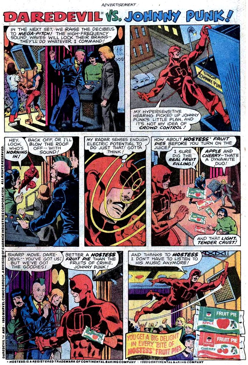 comicbookads's tweet photo. Hostess Fruit Pie Ad 1980 
DAREDEVIL VS. JOHNNY PUNK 

#Daredevil #hostest #fruits #marvel #comicbookads https://t.co/Fn5K120XNV