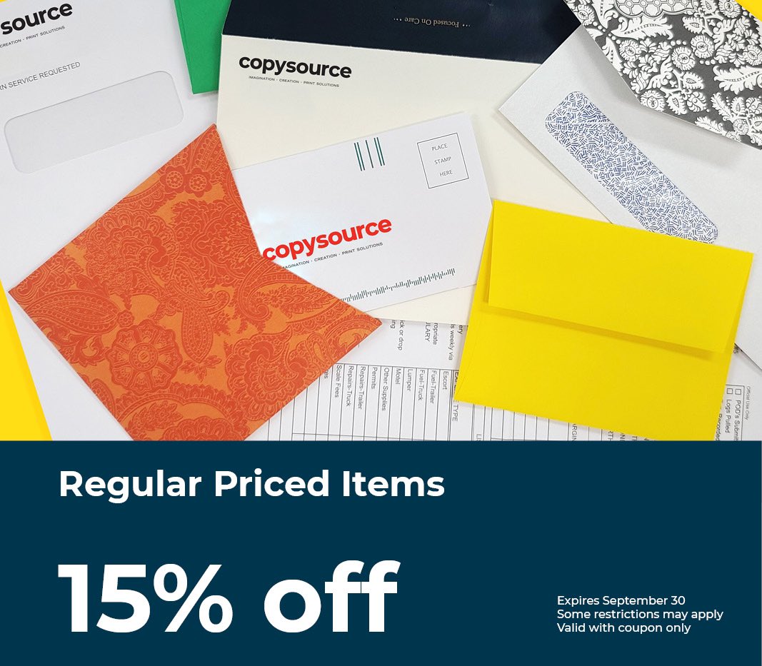 copysource's tweet image. As summer comes to an end, we’re trying our best to help our community transition into the fall season with 15% ALL regularly priced items. We’re also continuing our Copy Source Community Discount! Contact us today with any questions or for a free quote on your next project!