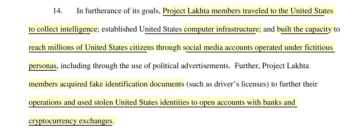 Wait WTFINGF-Project Lakhta members traveled to the United States (USA)to collect intelligence-est a USA computer infrastructure-built the capacity to reach millions of USA citizens-social media “accounts operated under fictitious personas..use of political advertisements”