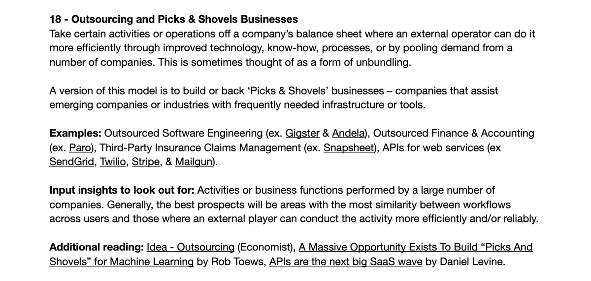 18 – Outsourcing and Picks & Shovels BusinessesFeaturing posts from  @_RobToews and  @daniel_levine highlight some opportunities to build picks & shovels businesses for technology companies.