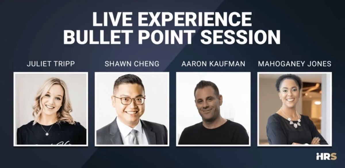 Bullet point sessions on Live Experiences via <a href="/AKthe5th/">Aaron Kaufman</a>:

1. Know your audience
2. Peer to peer for the win (connection)
3. Keep the conversation going

#HybridRev