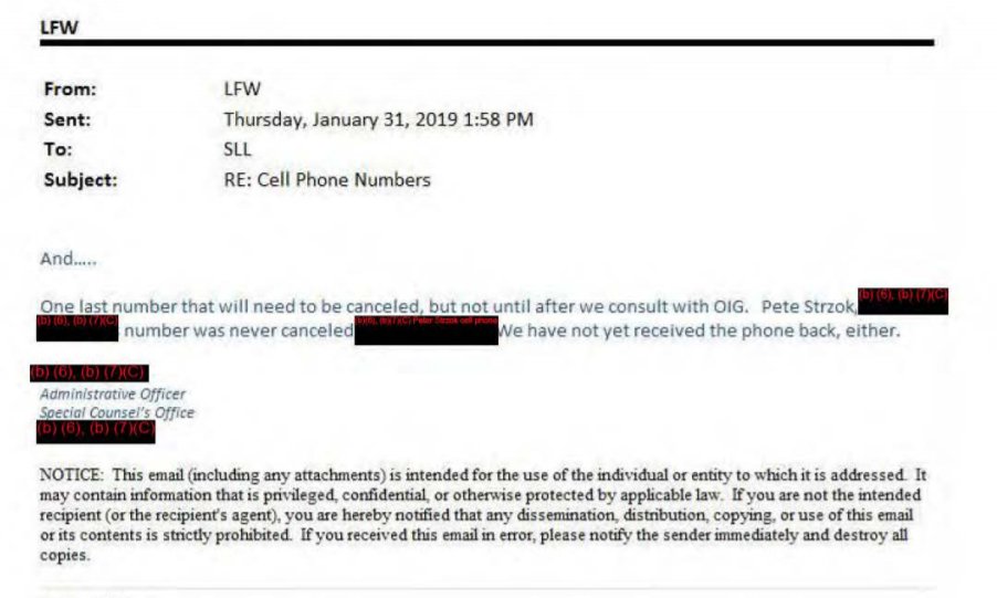 BUT we have this email from 1/31/19 claiming that Strzok's phone number was not cancelled & that the phone was never turned in to the Administrative Office of the SCO.How could it be wiped & turned in, yet never turned in or turned off?