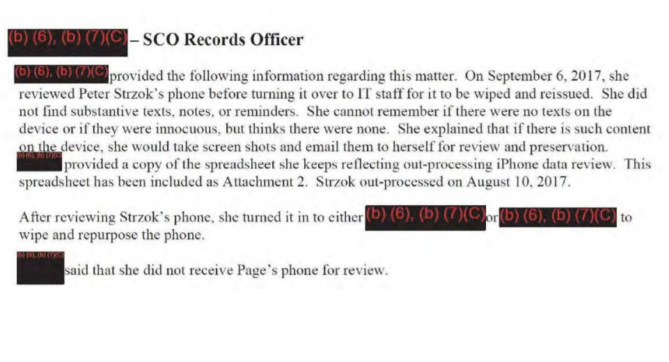 The SCO Records Officer claims that Strzok's phone had no texts on it when she reviewed it almost a month after he turned it in. Also claimed to have never reviewed Page's phone.