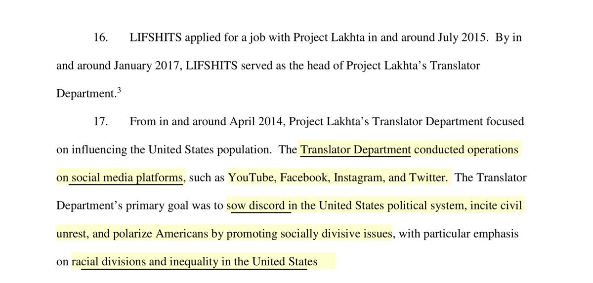 Jan 2017, LIFSHITS served as the head of Project Lakhta’s Translator DepartmentSo Project Lakhta actually never ended that even in the October 2018 indictment (see next tweet) they ramped UP operations with hundreds of employees to set Americans ripping other Americans a part