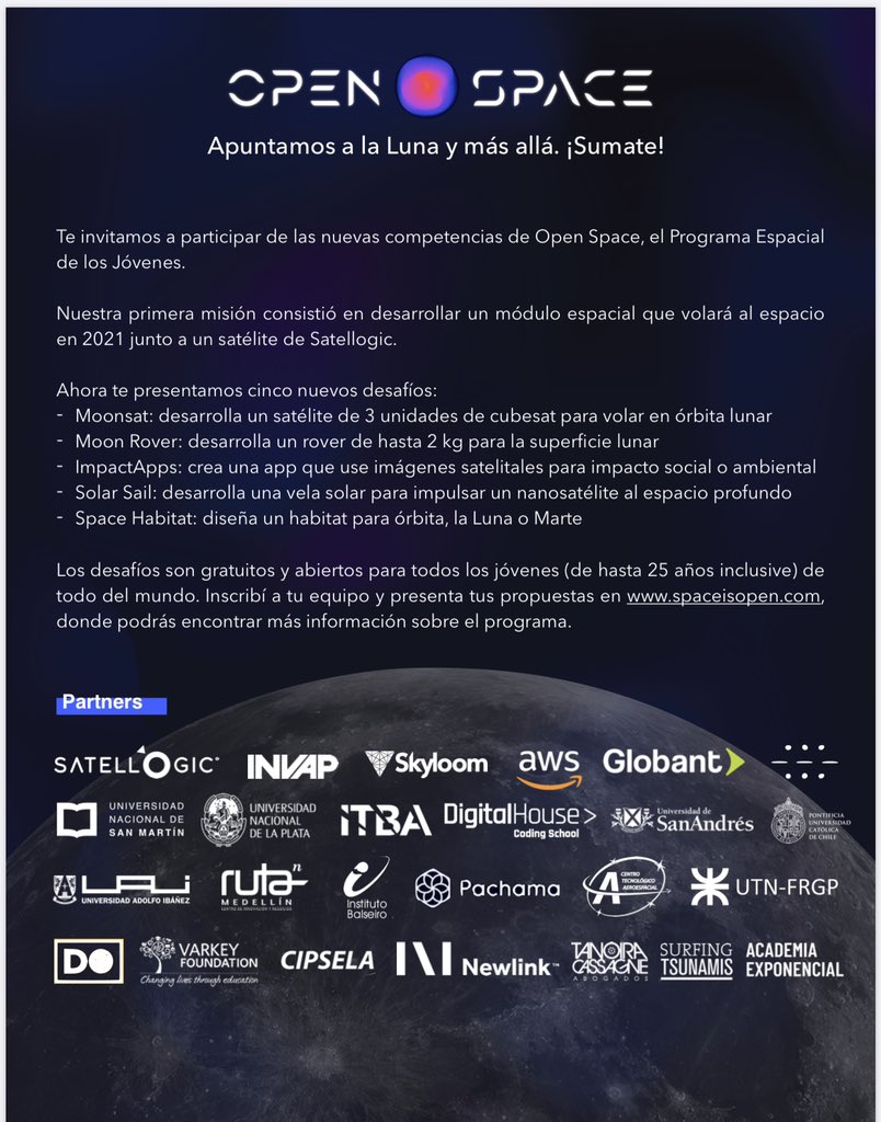 Lanzamos nuestros nuevos desafíos. Apuntamos a la Luna y más allá. ¡Sumate!

spaceisopen.com