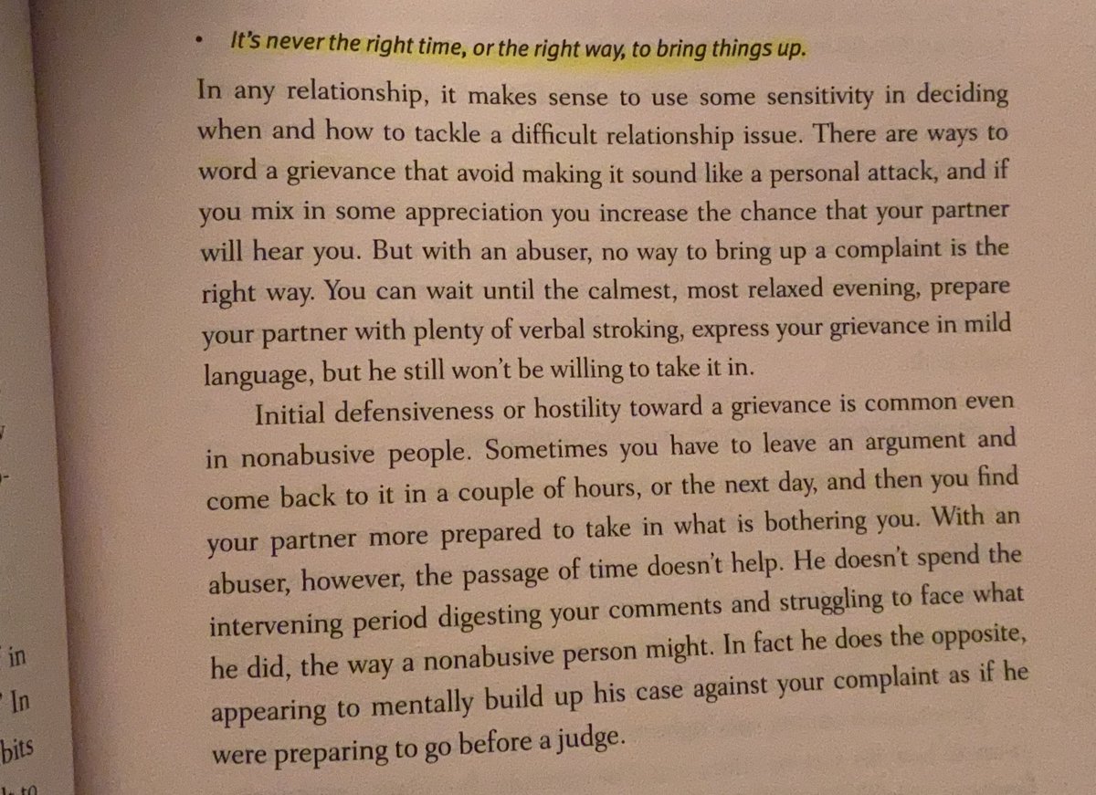 The lines where subtler kinds of mistreatment end and abuse begins include the following actions:- they retaliate against you for complaining about their behavior- they blame you for the impact of their behavior- it’s never the right time or the right way to bring things up 