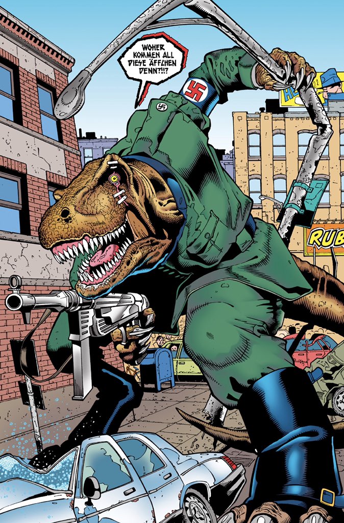 SteevenOrrElse's tweet photo. Continuing #My500ComicGoal, which is now #My1000ComicGoal, with #MajorBummer 5.
One of the alien college students makes a mistake, opens up a rift to a parallel universe, and let’s Tyrannosaurus Reich loose on Earth. He is stopped by a giant cat.
583/1000 https://t.co/KJODaQc1q1