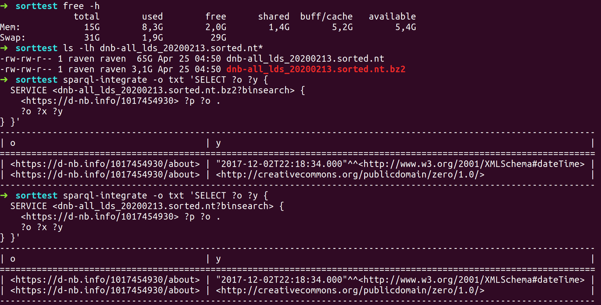 ClausStadler's tweet photo. Another upcoming feature in https://t.co/7DbD2mgE4j
The #ApacheJena #ARQ plugin that enables ad-hoc #SPARQL queries on sorted (optionally #bz2 compressed) #ntriples files using binary search (works on files larger than the RAM) https://t.co/fNfeiOhhdP