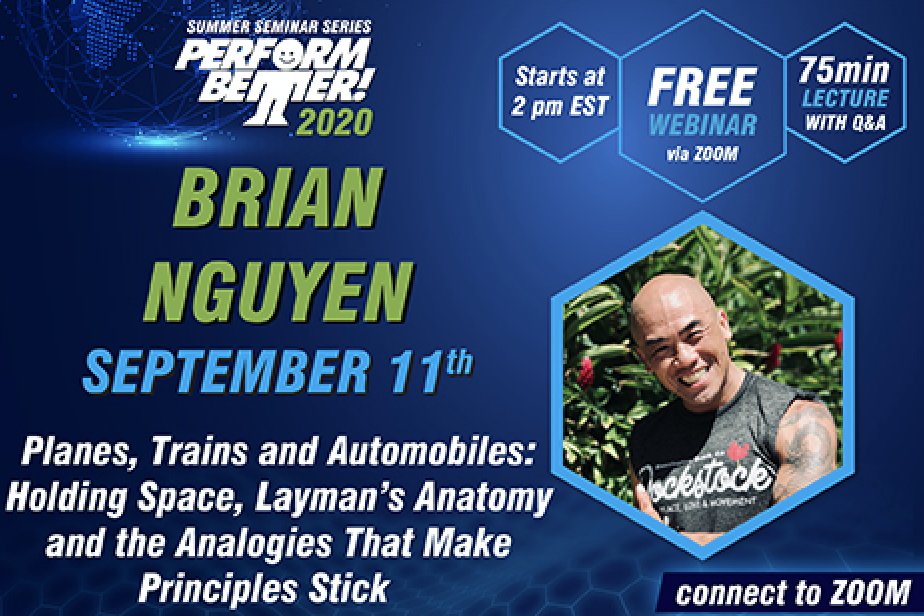 Brian Nguyen is giving a FREE presentation tomorrow at 2pm EST:

Planes, Trains and Automobiles: Holding Space, Layman’s Anatomy and the Analogies That Make Principles Stick

Don'y miss this!

Webinar Link:

us02web.zoom.us/j/89651030489?…

#performbetter #summerseminarseries #fitfam