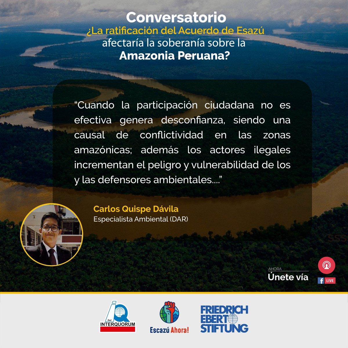 Red_Interquorum's tweet photo. Carlos Quispe Dávila, Especialista Ambiental (DAR) nos comenta: “Cuando la participación ciudadana no es efectiva genera desconfianza, siendo una causal de conflictividad en las zonas
amazónicas..."
En vivo: https://t.co/7bHXug2ql6
#RedInterquorum #EscazúAhora https://t.co/kdkRIwLirX