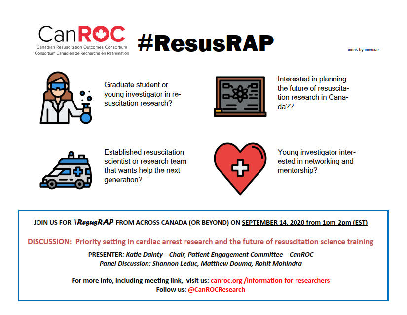 CanROC (@canrocresearch) on Twitter photo Please join us for a #ResusRap session on September 14 at 1pm EST. Discussing a priority setting process with <a href="/KNDainty/">Katie Dainty</a> and panel discussion on future resus training! Details at: canroc.org/information-fo… <a href="/DrCheskes/">Sheldon Cheskes</a> <a href="/matthewjdouma/">Matthew J Douma</a> <a href="/JimChristenson3/">Jim Christenson</a> <a href="/E_Segal_/">Eli Segal</a> <a href="/Shannon_Leduc/">Shannon Leduc</a> <a href="/EMRoMo/">Rohit Mohindra</a> Please join us for a #ResusRap session on September 14 at 1pm EST. Discussing a priority setting process with <a href="/KNDainty/">Katie Dainty</a> and panel discussion on future resus training! Details at: canroc.org/information-fo… <a href="/DrCheskes/">Sheldon Cheskes</a> <a href="/matthewjdouma/">Matthew J Douma</a> <a href="/JimChristenson3/">Jim Christenson</a> <a href="/E_Segal_/">Eli Segal</a> <a href="/Shannon_Leduc/">Shannon Leduc</a> <a href="/EMRoMo/">Rohit Mohindra</a>