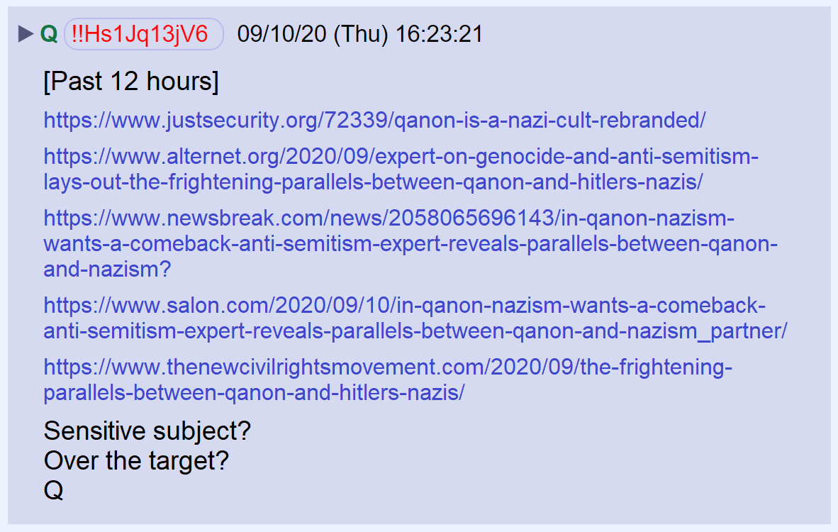 77) In the last 12 hours, since we began highlighting similarities between Hitler's regime and present-day political events, articles are being published claiming there are parallels between Qanon and the Nazi party.