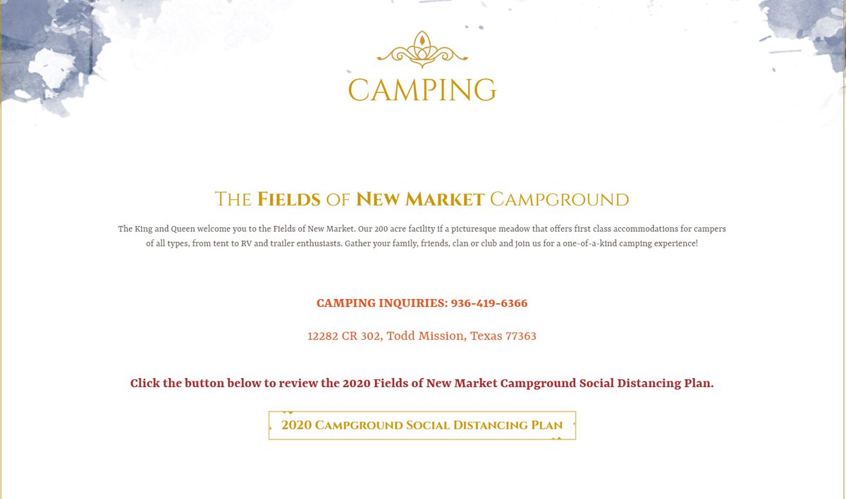 fields_new's tweet photo. We have posted the 2020 Fields of New Market Campground Social Distancing Plan! You can find it on the Camping page and under What's New in the Things to Do tab. https://t.co/ltoUW8PLQP #TexRenFest #TRFCamping #SocialDistancing https://t.co/mIny5Hpx57