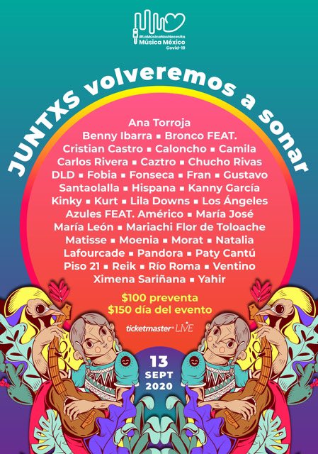 Ventinoficial's tweet photo. ¡Ventiners! Este 13 de septiembre participaremos en el programa “Juntos volveremos a sonar”, todo lo recaudado irá al Fondo Música Viva 🤩🎶🙌 #LaMusicaNosNecesita 
🎫👉 https://t.co/a3RgD9LPen https://t.co/9FDBAsEgeh