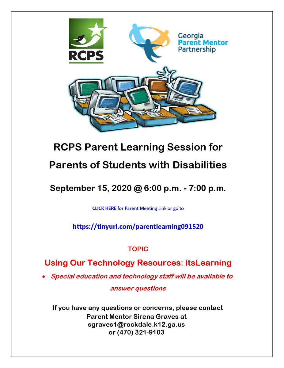 Rockdale County Public Schools (@rockdaleschools) on Twitter photo RCPS Parent Learning Session for Parents of Students w/Disabilities: Sept 15, 2020, 6-7pm, live online
tinyurl.com/parentlearning…. TOPIC: Using Our Technology Resources - itsLearning. Special ed & tech staff available to answer questions. For more info sgraves1@rockdale.k12.ga.us RCPS Parent Learning Session for Parents of Students w/Disabilities: Sept 15, 2020, 6-7pm, live online
tinyurl.com/parentlearning…. TOPIC: Using Our Technology Resources - itsLearning. Special ed & tech staff available to answer questions. For more info sgraves1@rockdale.k12.ga.us