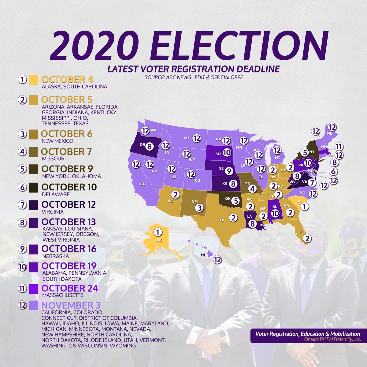 OfficialOPPF's tweet photo. Here’s a state-by-state guide to make sure you’re registered to vote by your state's deadline.
Go to https://t.co/1g3i2udLLO 🗳️Check your registration 🗳️Vote by Mail 🗳️Sign up to get Election Reminders!
#Vote2020 #OmegaPsiPhi #VREM https://t.co/wtx2RFIa2w