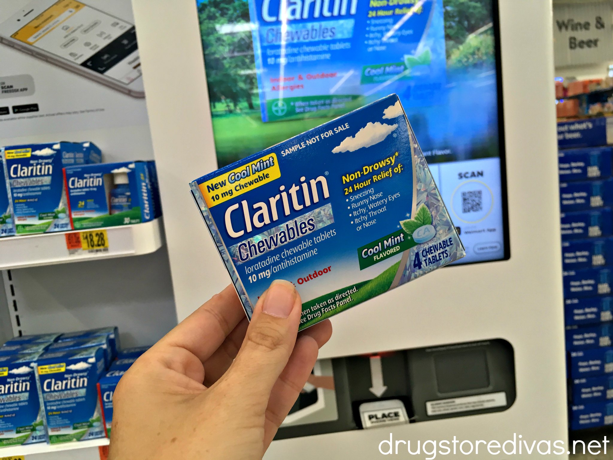 Claritin Chewables in front of the Freeosk machine.