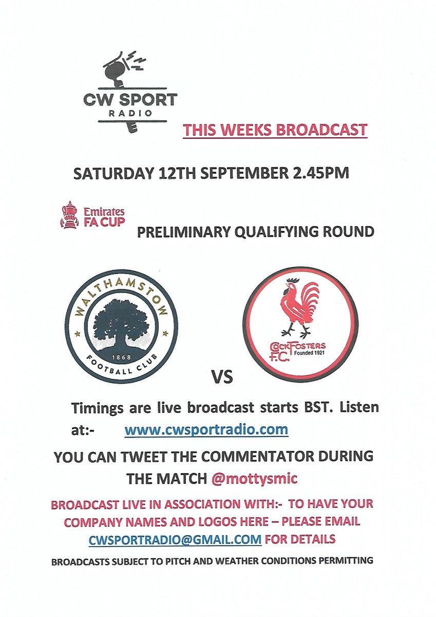PLS RT This Saturday I'm up for the <a href="/EmiratesFACup/">Emirates FA Cup</a> . <a href="/walthamstowfc/">Walthamstow Football Club</a> vs <a href="/CockfostersFC/">Cockfosters FC</a> Be good to see the fans limit reached. IYCMI live coverage from 2.45pm <a href="/ELRFootball/">Grassroots Football Show</a> <a href="/wfcouncil/">Waltham Forest Council</a> <a href="/WFEcho/">Waltham Forest Echo</a> <a href="/WalthamstowLife/">Walthamstow Life</a>
<a href="/WalthamstowDog1/">Walthamstow Dogs</a> @StowDiary <a href="/EastLondonRadio/">East London Radio</a> <a href="/EastLDNtweets/">East London</a> <a href="/NorthLDNSport/">North London Sport</a>