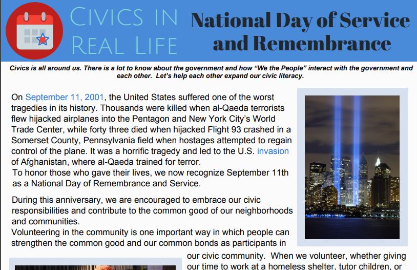 How might we remember and honor those who lost their lives on 9/11? This Civics in Real Life resource provides a short and respectful overview of the National Day of Remembrance and Service. floridacitizen.org/civics-in-real… #sschat #fledchat #nced