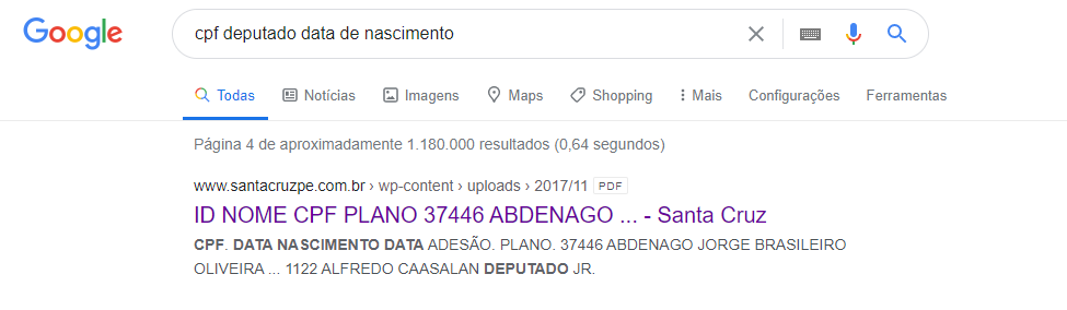 ericdbx's tweet photo. Hoje estava procurando uns cpf's de deputados para fazer testes em homologação de uma aplicação e me deparei com esse link abaixo.
Esse link tem os dados de nome, cpf e data de nascimento de 14803 socios do @SigaSantaCruzPE .
Vamos ter mais cuidado com os dados dos socios? https://t.co/J8IsWPDz5z