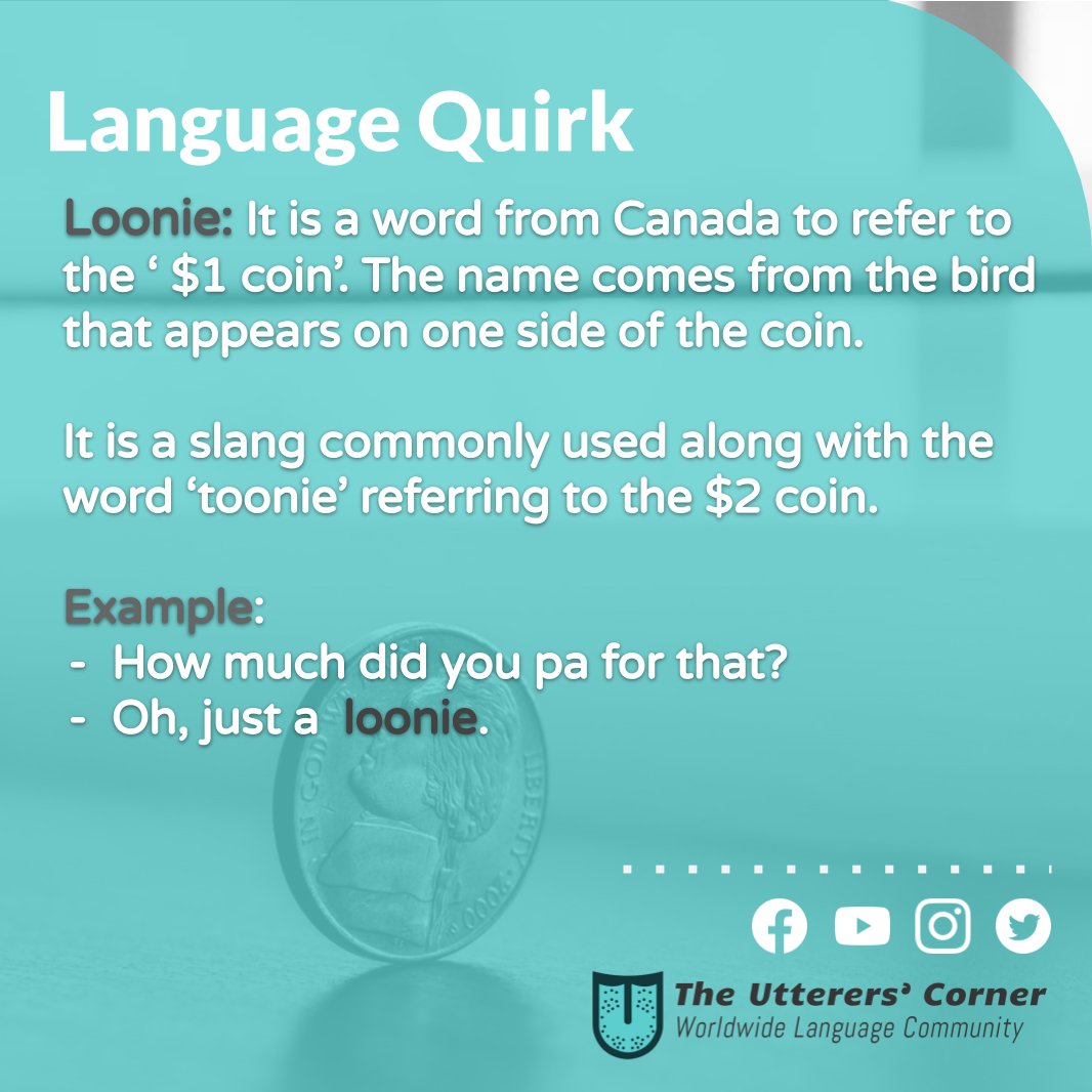 We are happy to bring this week's #languagequirks 😎

Have you ever seen a loonie?💰

Wanna share a word with us? Send it on a DM with an example and the origin. 😎

#theuttererscorner #languagequirks #Englishonline #loonie