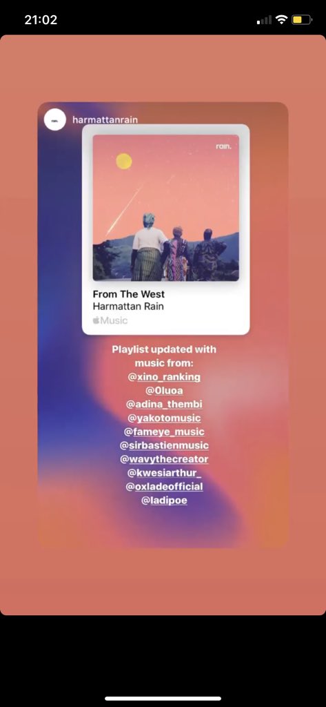 Big big love for  @HarmattanRain  https://music.apple.com/ng/playlist/from-the-west/pl.d1276981a78c4acab0b48b38e5236beb https://music.apple.com/ng/playlist/alt%C3%A9/pl.6c319fec662241d887348be1967d2a7e