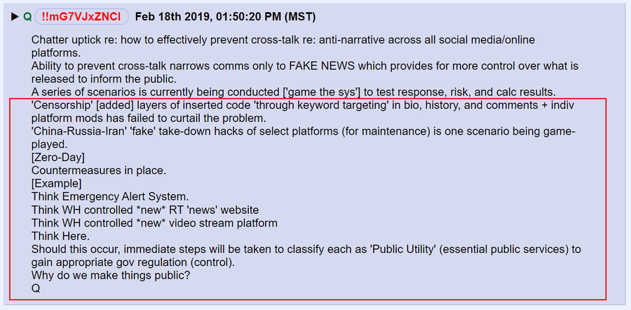 49) In February of 2018, Q said measures were being taken to censor certain social media accounts.Black hats were testing scenarios where China, Russia and Iran would be blamed for the take-down and hacks of some platforms.Emergency measures are in place.H/T  @JuliansRum