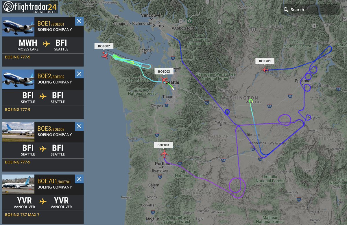 flightradar24's tweet photo. Three Boeing #777X test aircraft active along with the #737MAX test flight for EASA. 

BOE001: https://t.co/m89Yu7mBQr
BOE002: https://t.co/gR35DKJajp
BOE003: https://t.co/fHwbC9jw9W
BOE701: https://t.co/KiZW0Mm9bq

All: https://t.co/PWI70p5u5U https://t.co/MRQSqPuVMl