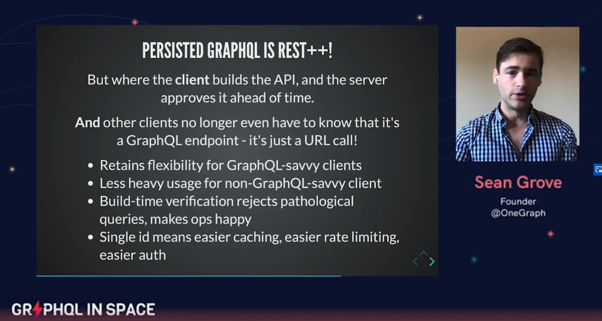 GraphQLSpace's tweet image. Sean from @onegraphio - “Persisted Queries is Rest++ where the client builds the API, and the server approves it ahead of time.”. They help solve problems like caching, rate limiting, easier auth, lesser data transfer while also making the ops team happy. #graphqlinspace