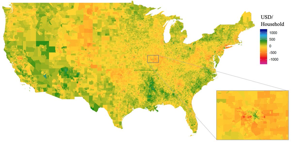 While a plain carbon dividend (on the left) is progressive, when you adjust the dividend for geography (on the right), you reduce the transfers from middle America to the Coasts.