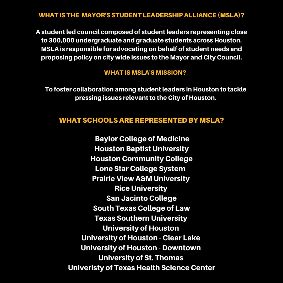 HoustonMSLA's tweet photo. Welcome to the official Twitter page for the Mayor’s Student Leadership Alliance (MSLA)! Make sure to follow us for important updates on behalf of MSLA and the City of Houston  ➡️
#Houston #MSLA #education #student #leaders #youth #civicengagement #publicpolicy #community https://t.co/bRuiTYXoxh