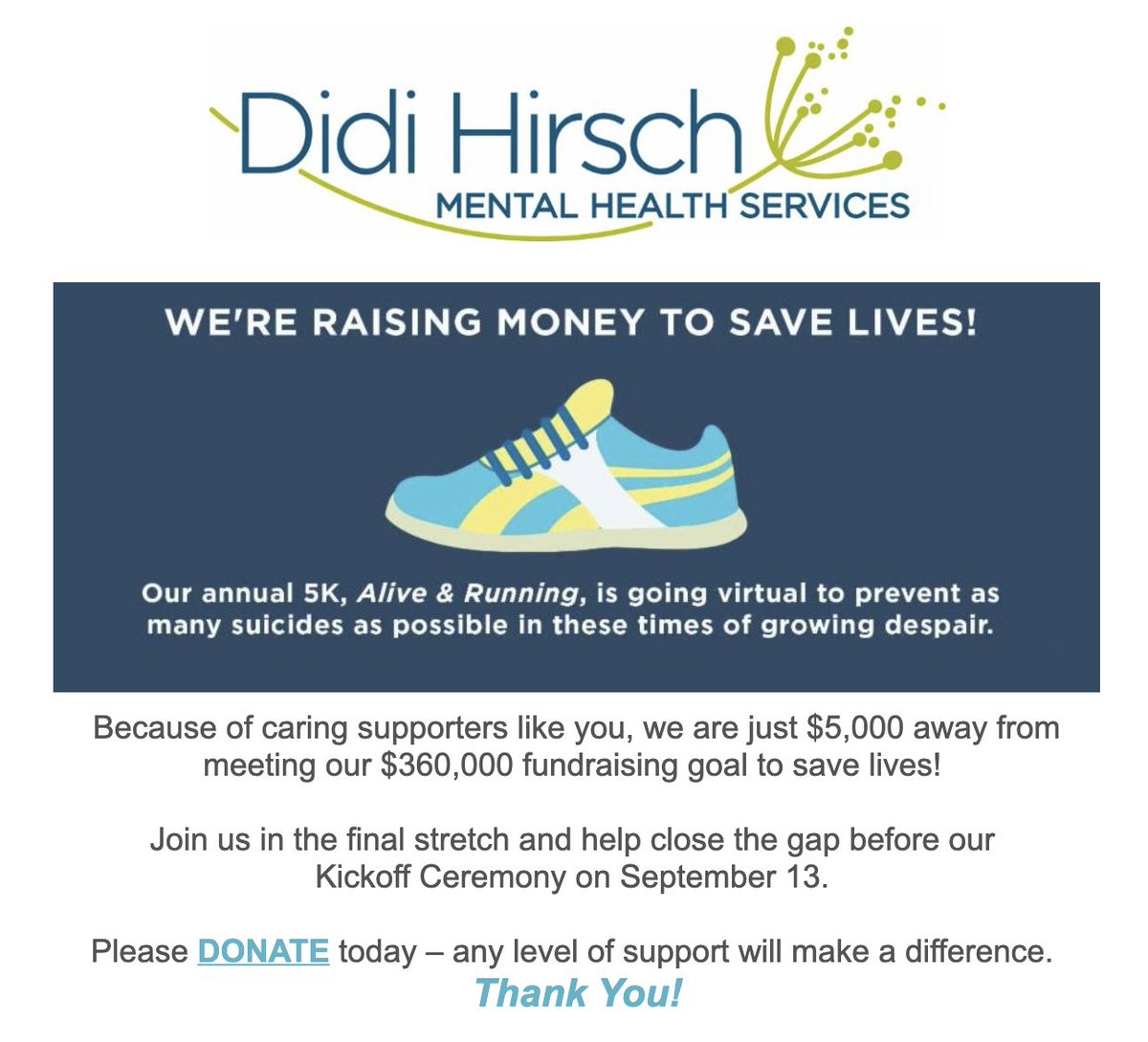 LibbyGill's tweet photo. Join us at 8:00 am PDT on Facebook LIVE Sunday, September 13for our VIRTUAL KICKOFF CEREMONY! You don't have to walk/run to tune in! Everyone is welcome to watch! #aliveandrunning #didihirsch
Check it out: https://t.co/WCQjOnIdHJ! https://t.co/gfUmM5aARt