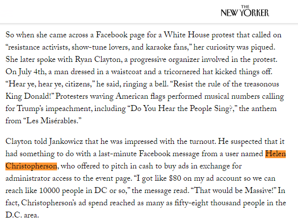 a particularly funny story mentioned in this article, is that even centrist liberal "resist" protests aren't immune to criticism of russian influence. one such protest against Trump using cringey showtunes was possibly advertised by russian influencers