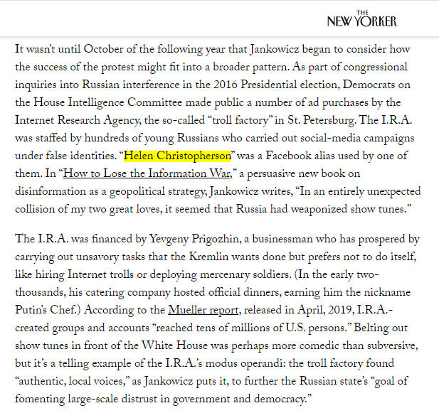 a particularly funny story mentioned in this article, is that even centrist liberal "resist" protests aren't immune to criticism of russian influence. one such protest against Trump using cringey showtunes was possibly advertised by russian influencers